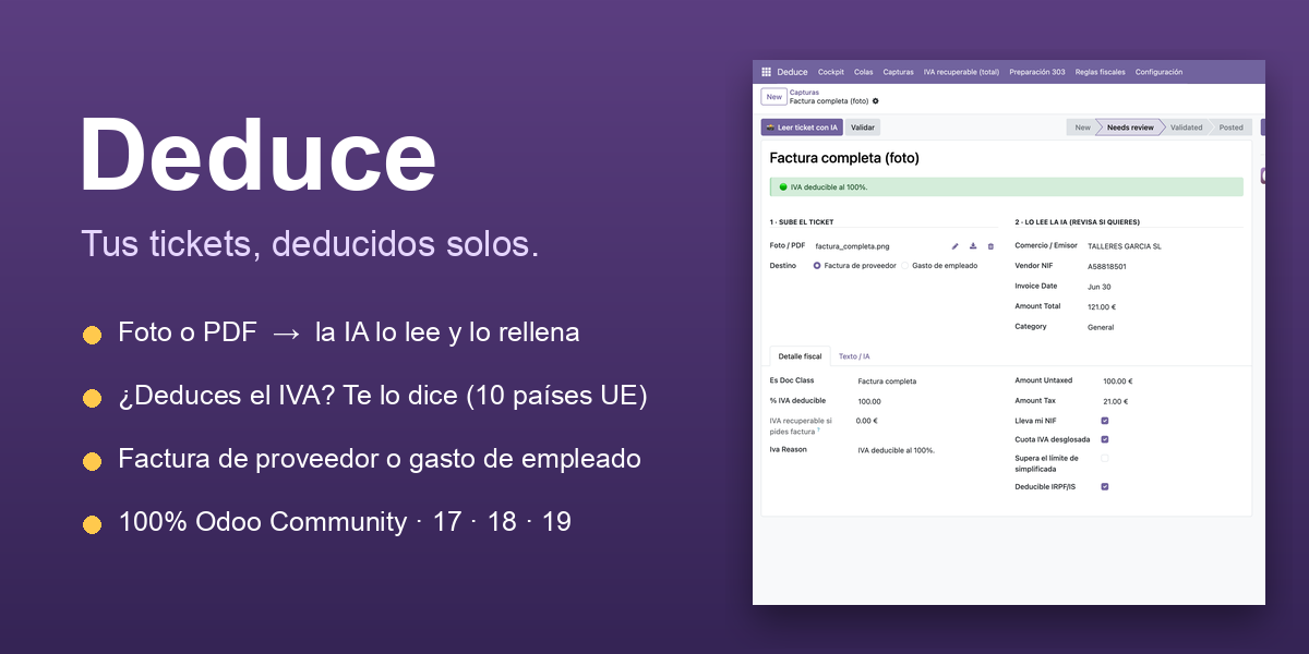 Deduce: OCR con IA de facturas y tickets con verificación de IVA deducible en Odoo