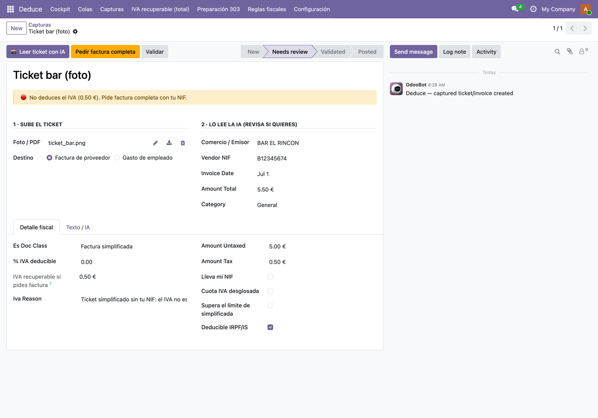 Ticket simplificado: IVA no deducible, pide factura completa