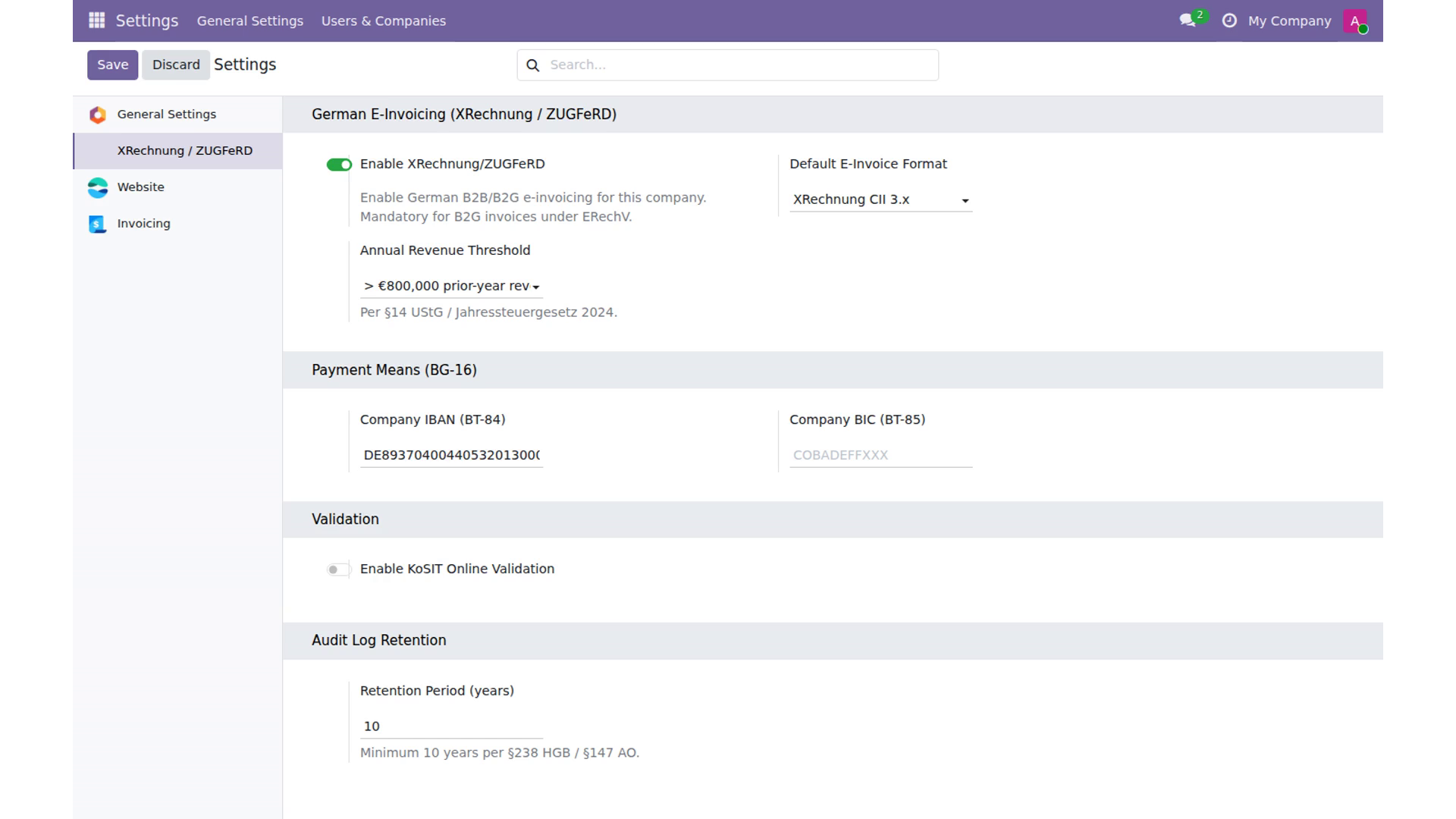 XRechnung & ZUGFeRD for Odoo 19 — captura