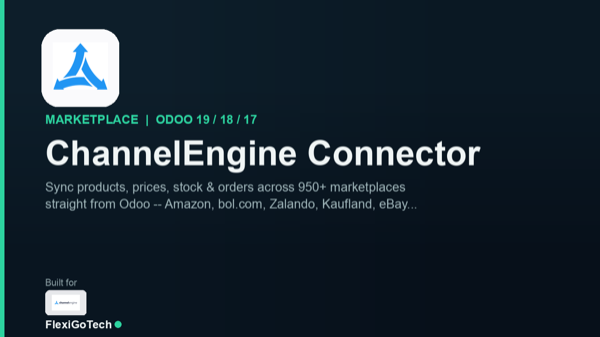 ChannelEngine connector dashboard inside Odoo with synced orders, offers and returns