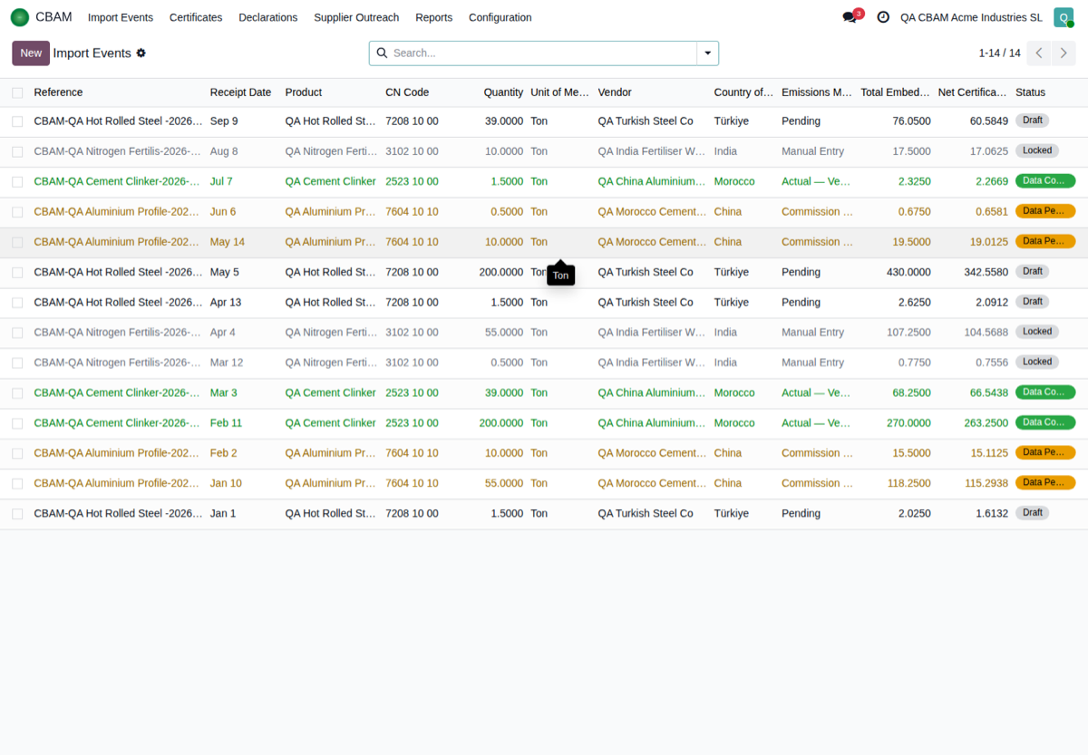 CBAM SME Quarterly Reporting: real screenshot inside Odoo (2)