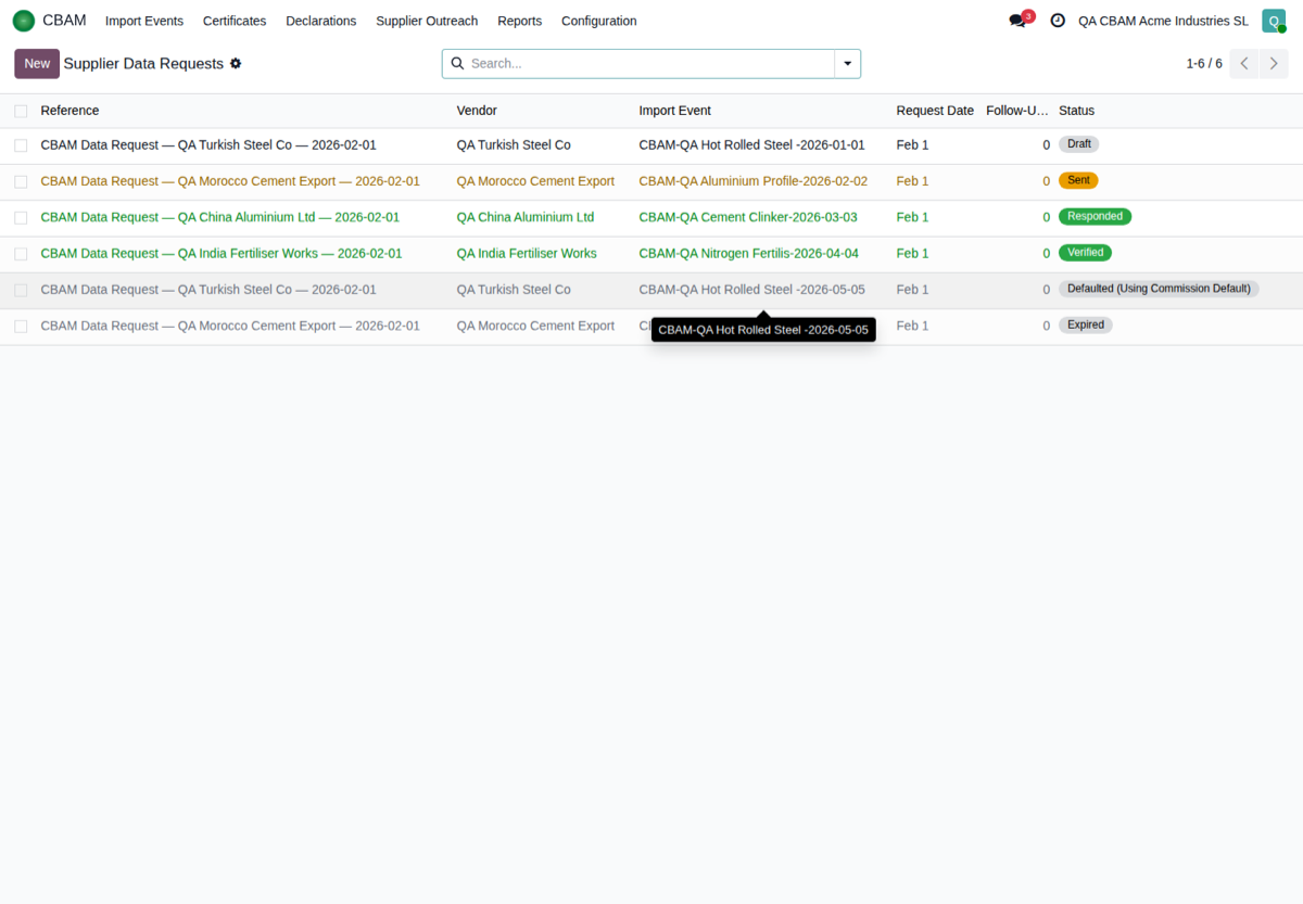 CBAM SME Quarterly Reporting: real screenshot inside Odoo (3)