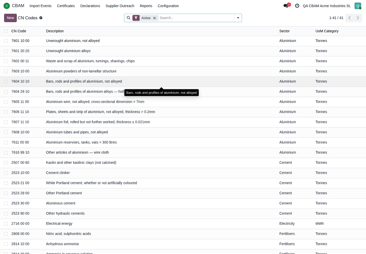CBAM SME Quarterly Reporting: real screenshot inside Odoo (4)