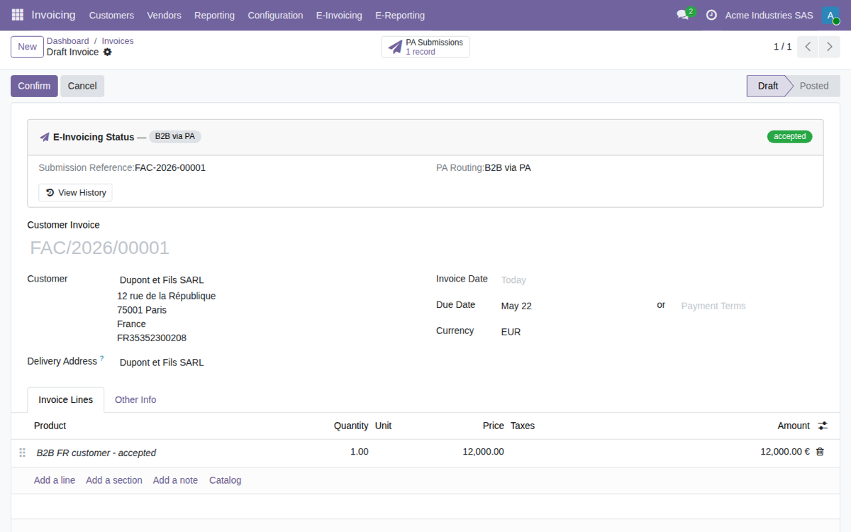 Invoice PA panel