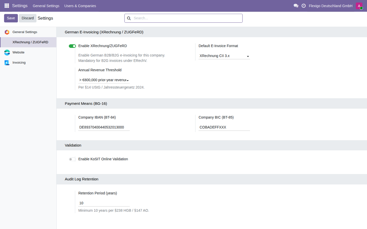XRechnung & ZUGFeRD for Odoo 19 — E-invoicing settings