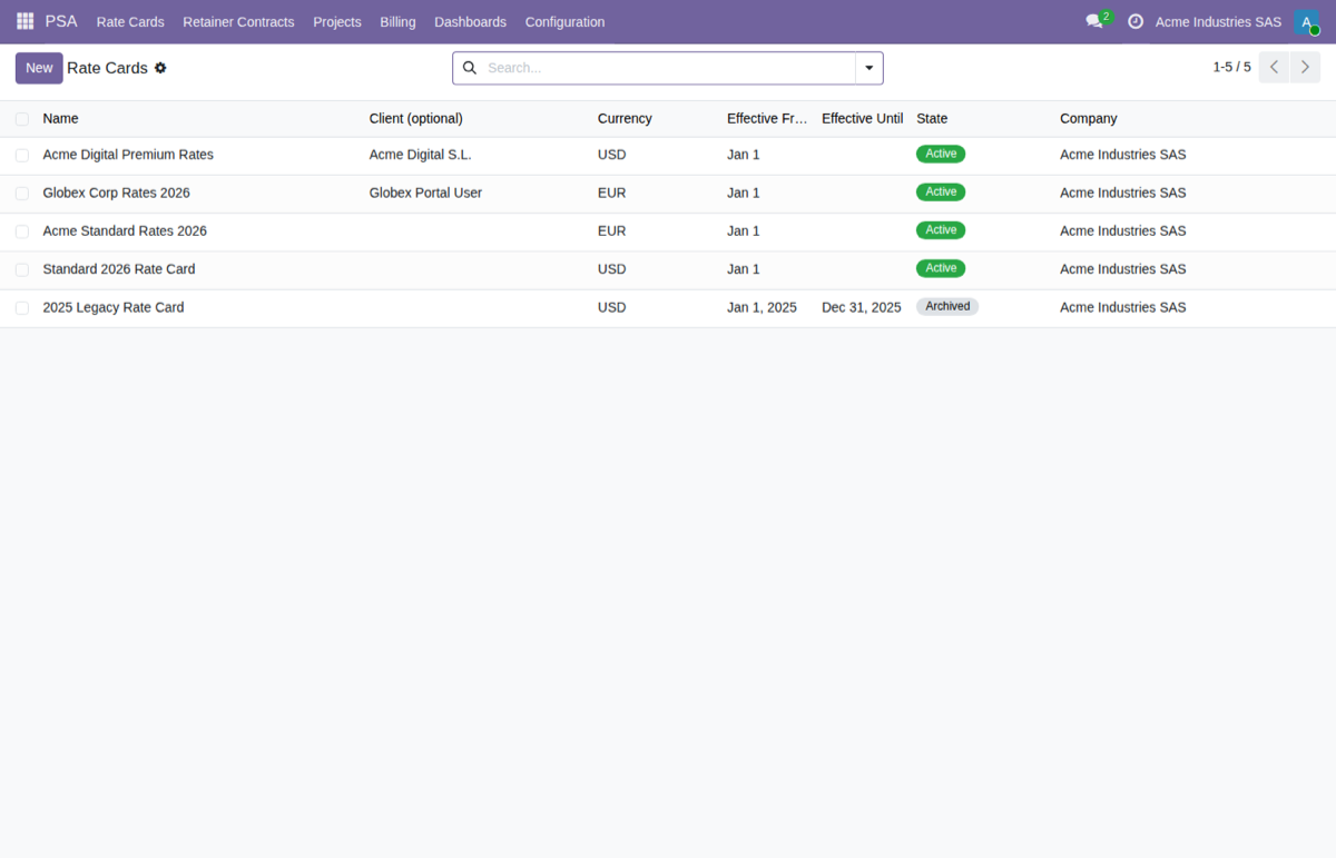 Professional Services Automation (PSA) for Odoo — Client Rate Cards