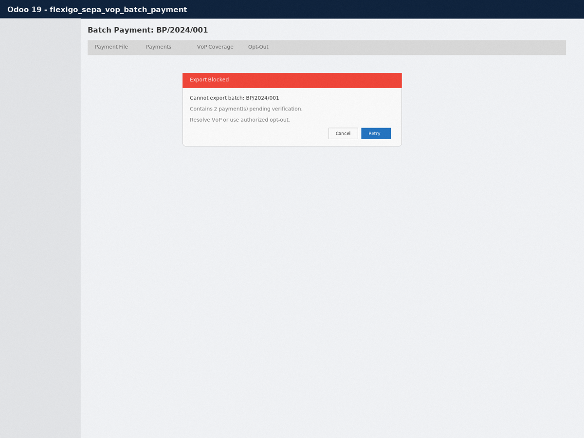 Flexigo SEPA VoP — Batch Payment bridge — SEPA export blocked