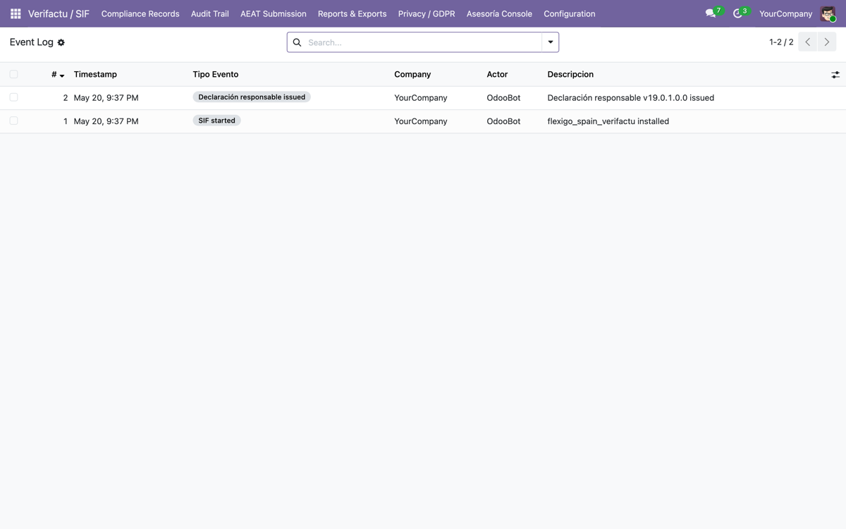 VeriFactu España — AEAT RRSIF Compliance (Odoo 19) — Event log
