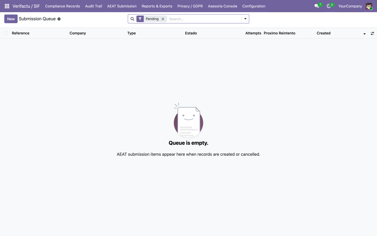 VeriFactu España — AEAT RRSIF Compliance (Odoo 19) — AEAT submission queue