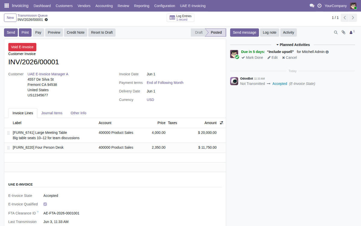 UAE FTA E-Invoicing Connector (PINT AE) — Resultado en la factura