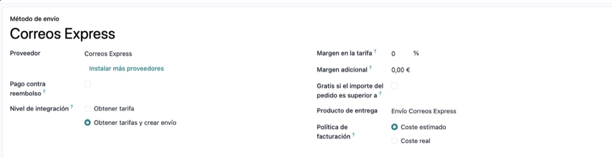 Correos Express as an Odoo carrier: integration level, margins and cash on delivery all in one panel.
