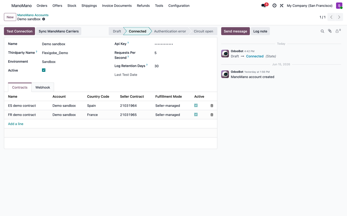 Set up the account, test the connection and add one contract per country (ES/FR) with its fulfillment mode.