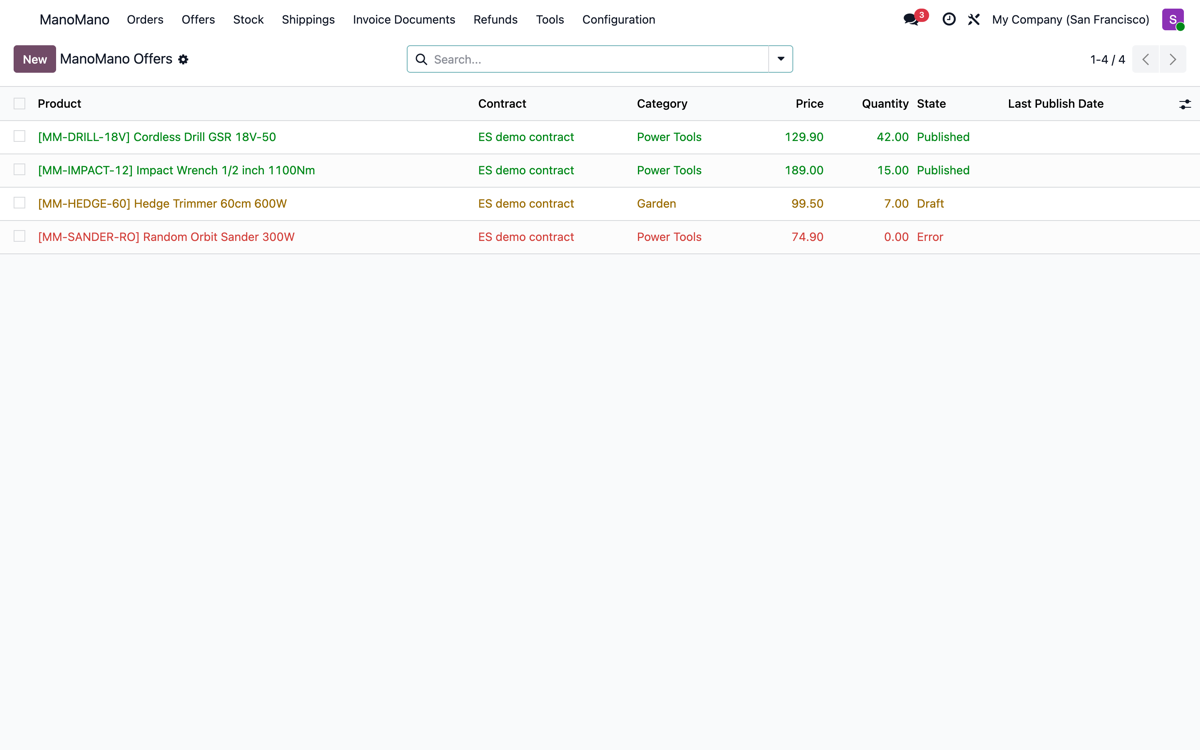 Your Odoo products as ManoMano offers with price, stock and publication state (Published/Draft/Error).