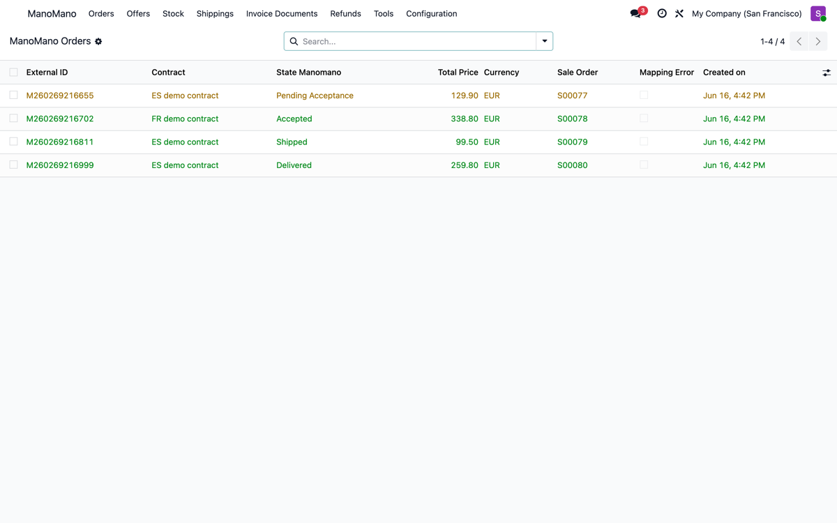 Orders imported every 15 min with their live ManoMano status per contract and the linked sale order.