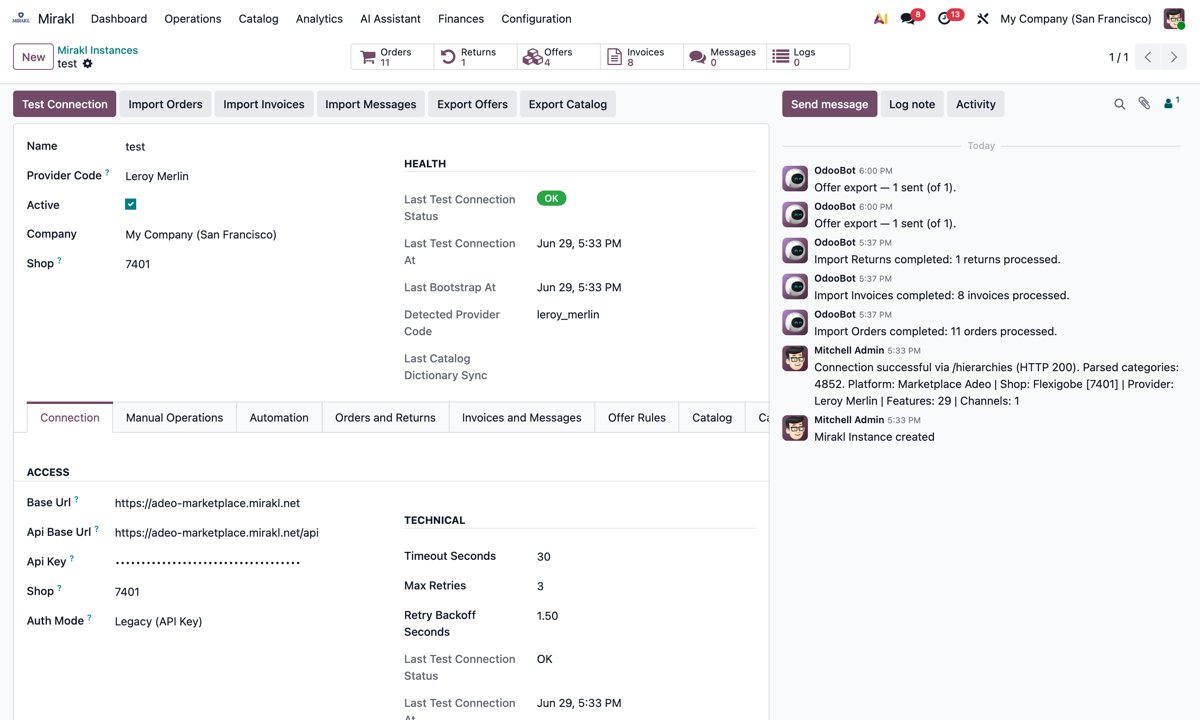 Pick your marketplace, paste the API key and click Test Connection: host auto-filled and health status OK.