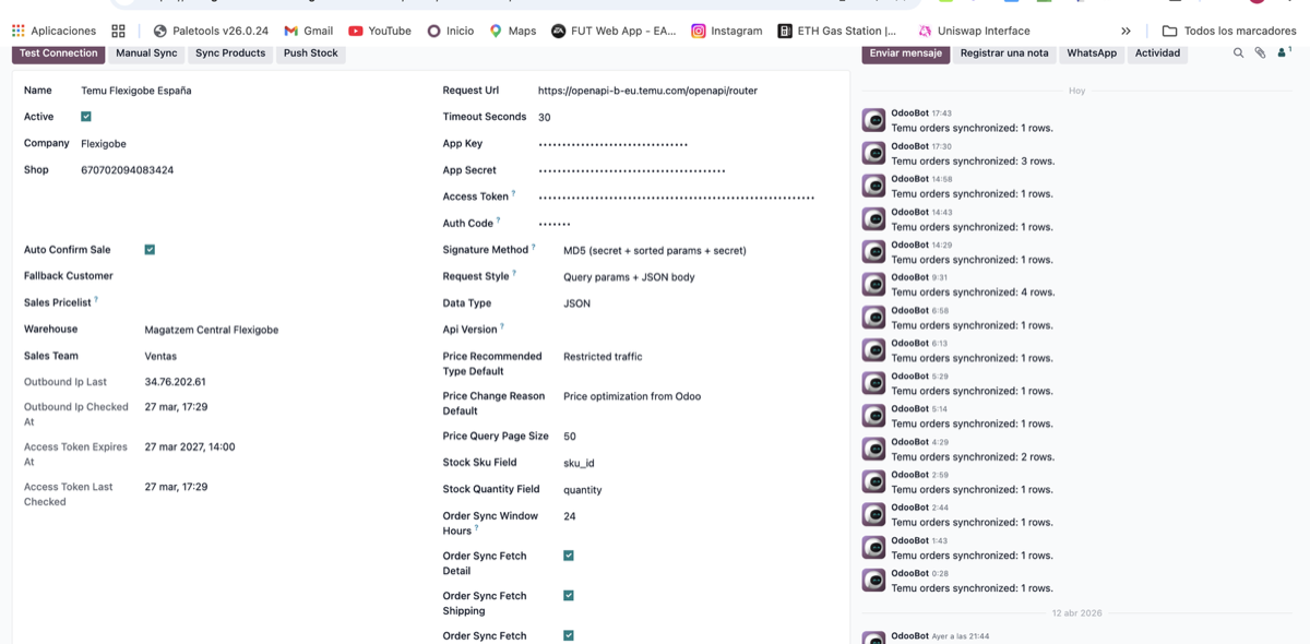 Set up shop, credentials, signature and Temu sync from Odoo, with a live log of imported orders.
