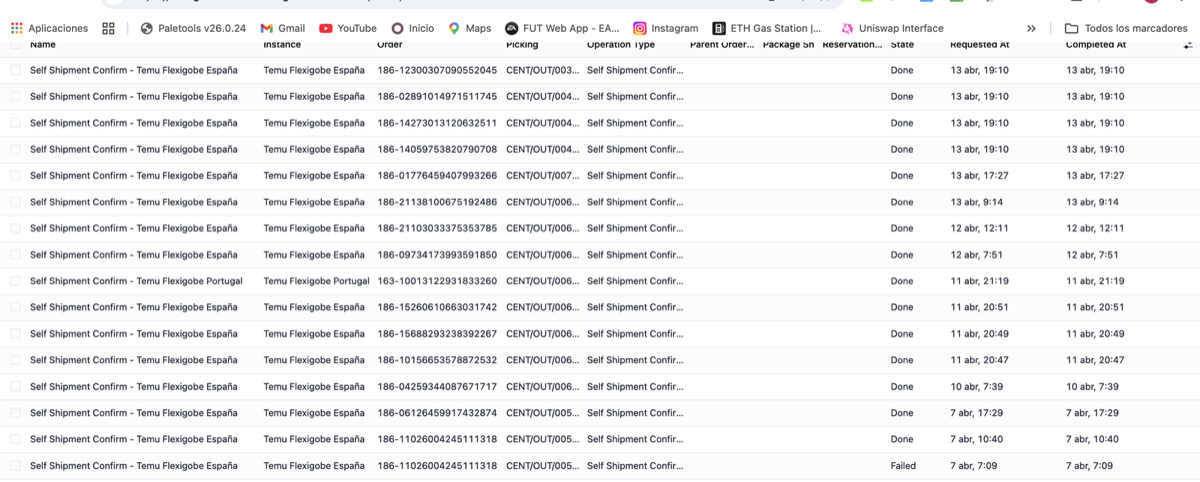 Self-shipment confirmations with picking, status and timestamps to audit every shipment sent to Temu.