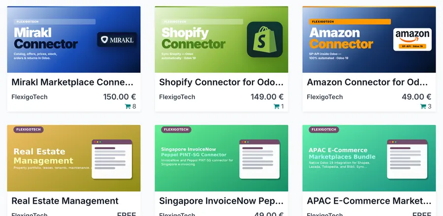 Odoo App Store cards with FlexigoTech shown as the author on every module