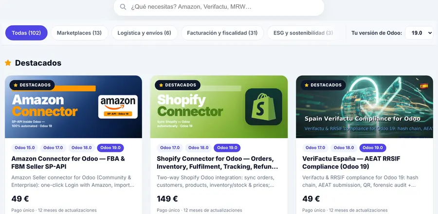 Catálogo de módulos de FlexigoTech con el filtro Todas (102), las categorías y las fichas de Amazon, Shopify y VeriFactu con sus versiones de Odoo
