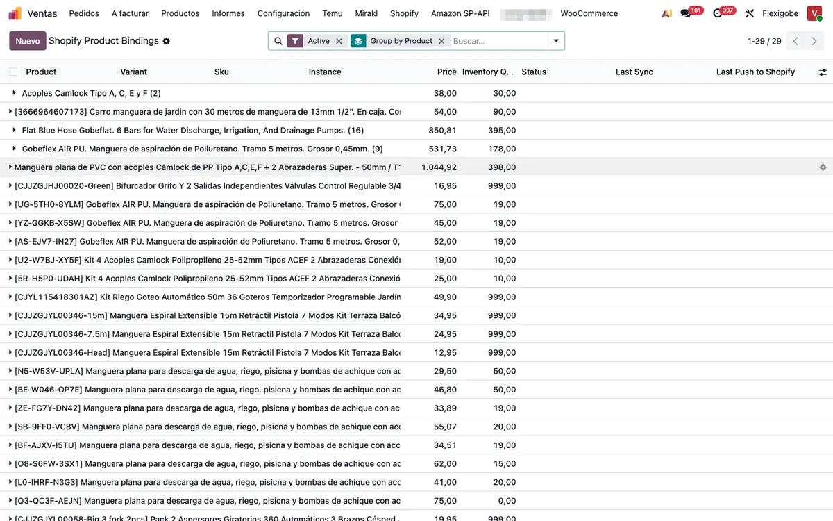 Vinculaciones de productos entre Shopify y Odoo, con el precio, el inventario y el estado de la última sincronización de cada artículo.