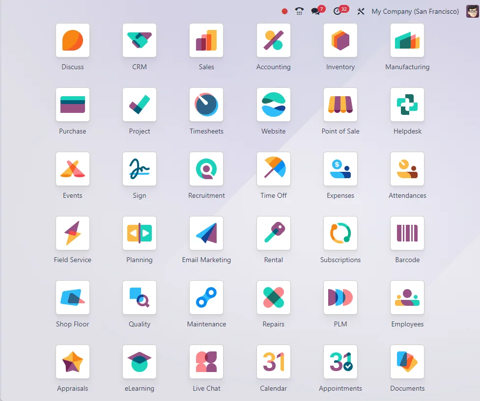 Página de aplicaciones de Odoo 19 en producción: los módulos instalados, entre ellos los conectores propios de FlexigoTech.