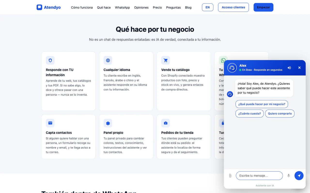 El asistente de Atendyo abierto en una web, con su saludo y sus respuestas rápidas