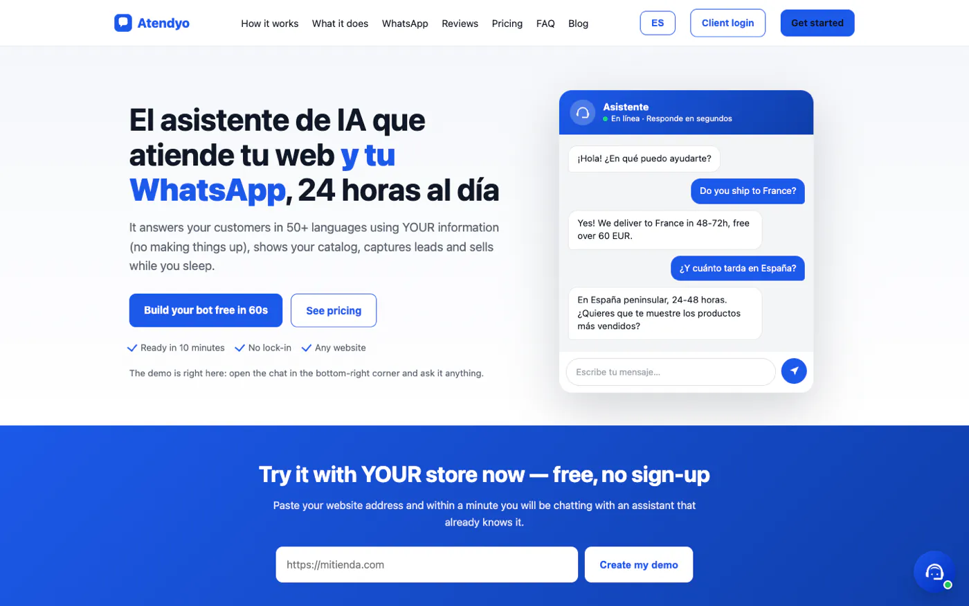 Atendyo, nuestro chatbot de atención al cliente, respondiendo en el chat a preguntas sobre plazos de envío.