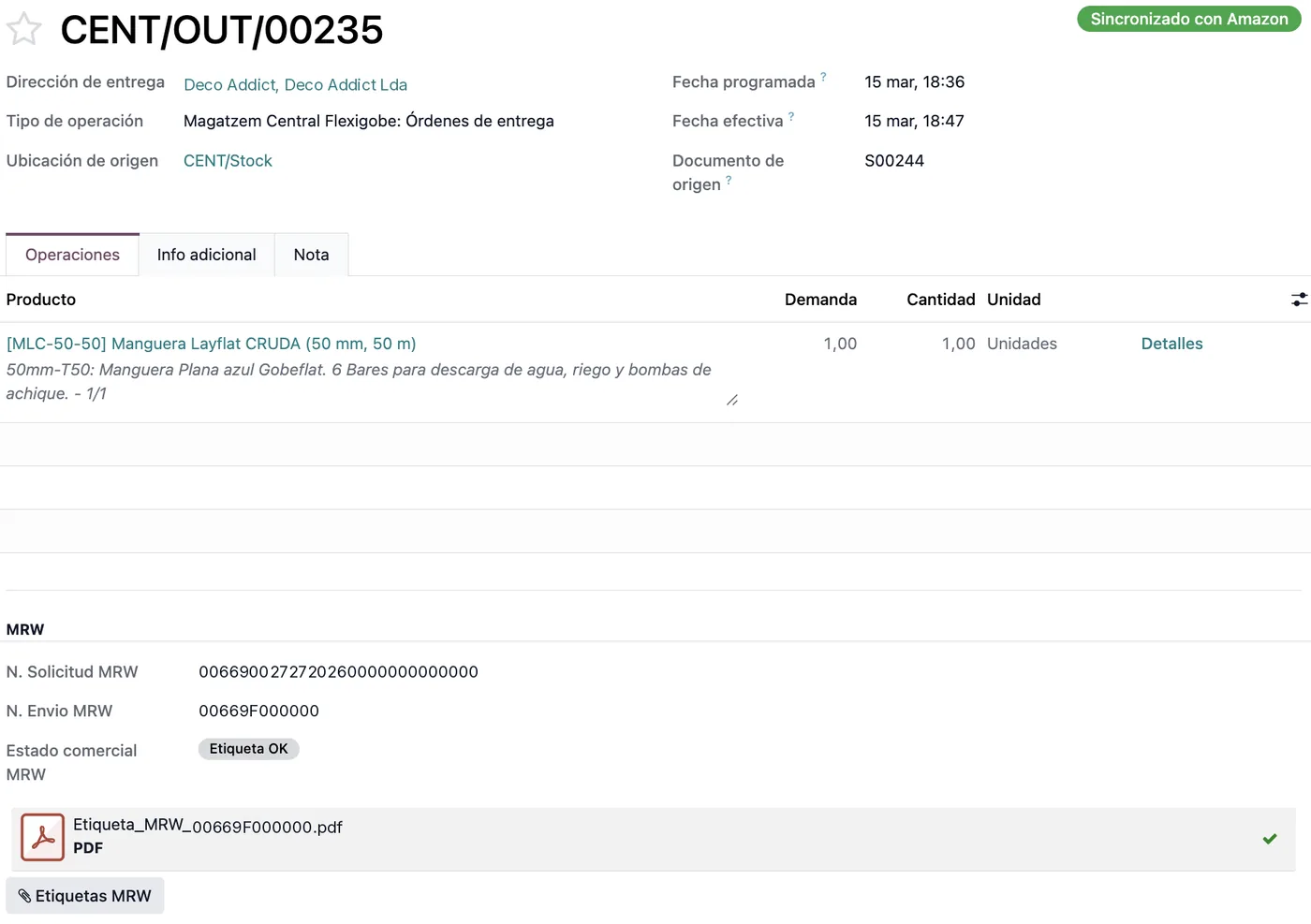 Albarán de salida en Odoo creado desde un pedido de Amazon, con la etiqueta de MRW adjunta