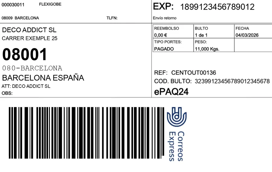 Etiqueta de transportista generada por API con su código de barras y número de seguimiento