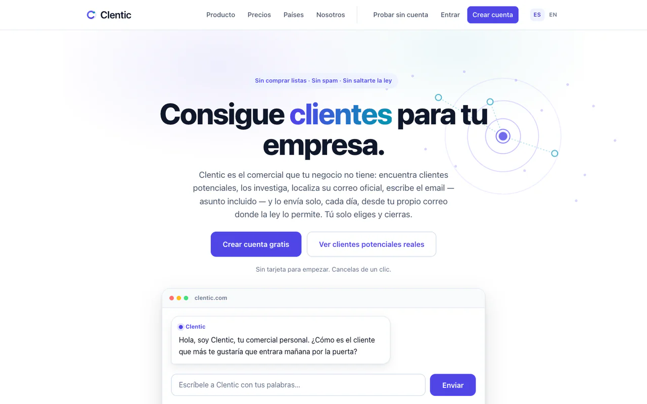 Portada de clentic.com en español, con su menú, el titular y la ventana de chat del producto.