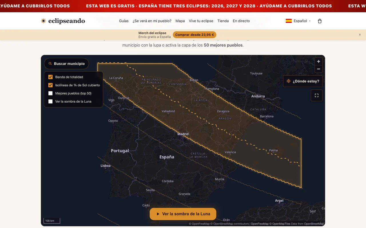 Mapa interactivo de eclipseando.com con la banda de totalidad sobre España, el buscador de municipio y las capas conmutables