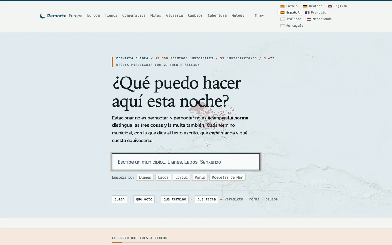 Portada de pernocta.eu en español, con el selector de nueve idiomas y el buscador de municipio.