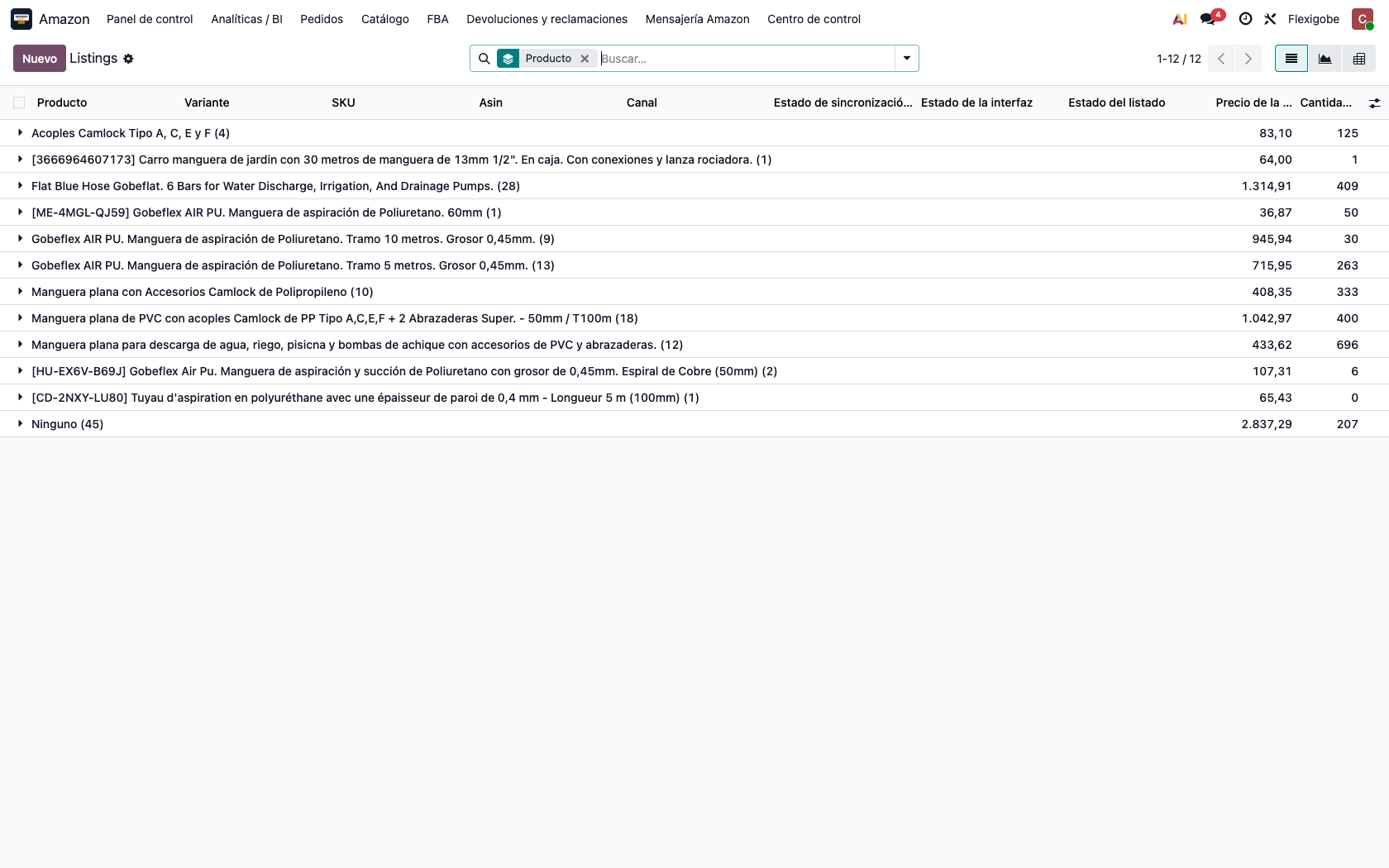 Amazon connector for Odoo — real product listing with SKU, ASIN, price and stock