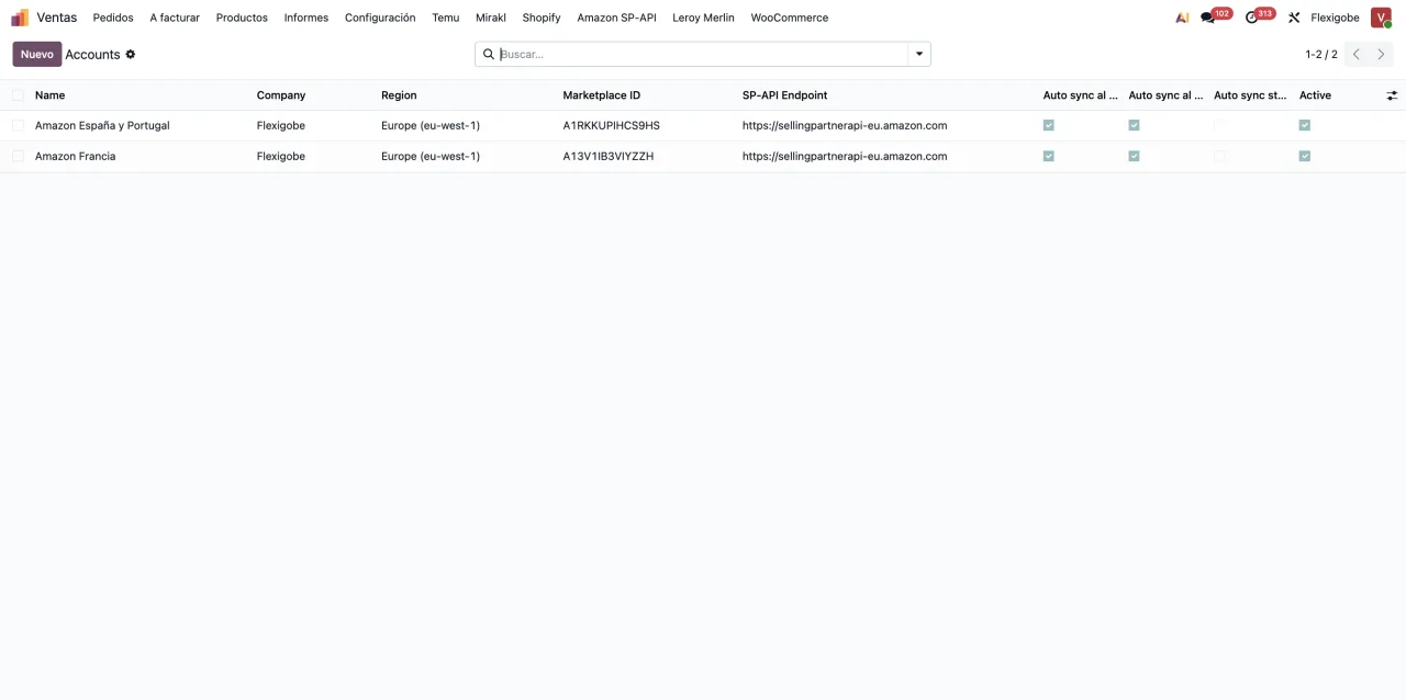 List of SP-API accounts in Odoo showing eu-west-1 region, marketplace id and Amazon endpoint