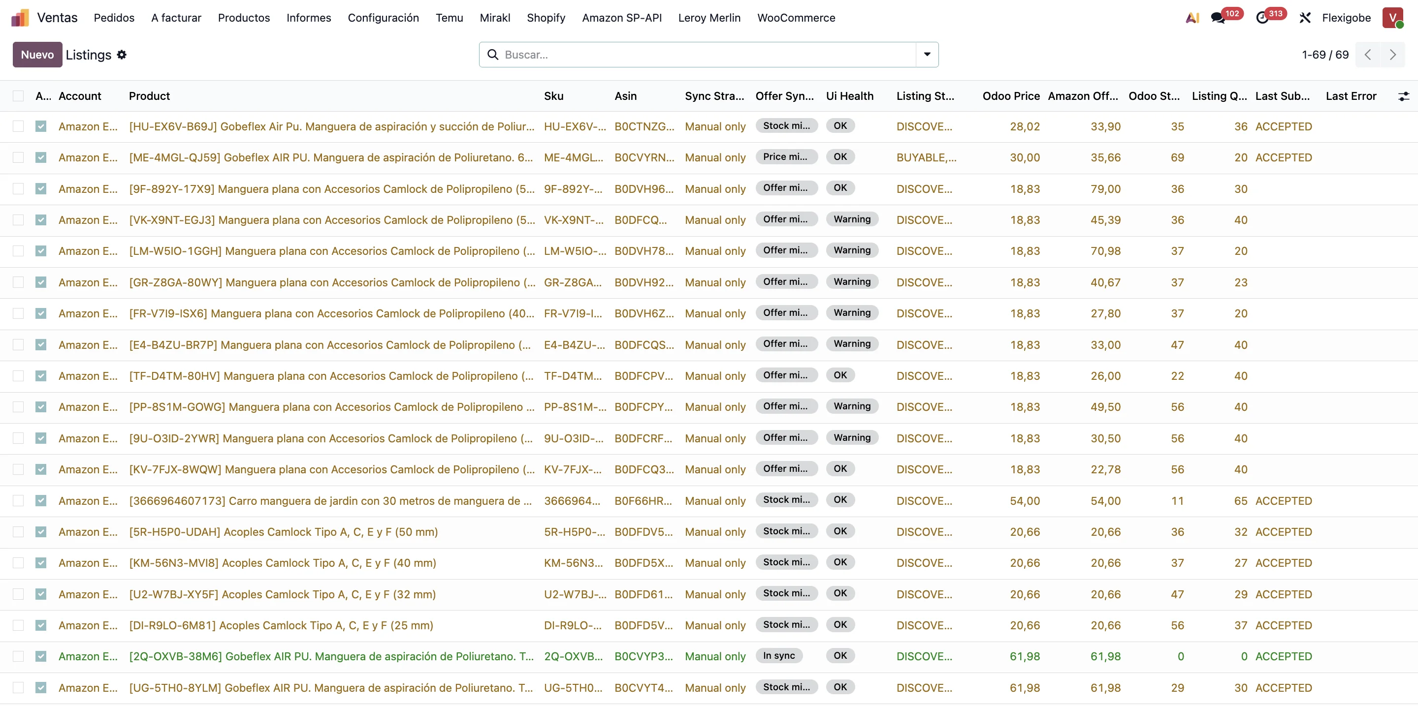 Amazon listings inside Odoo, with SKU, ASIN, channel, sync state, price and quantity