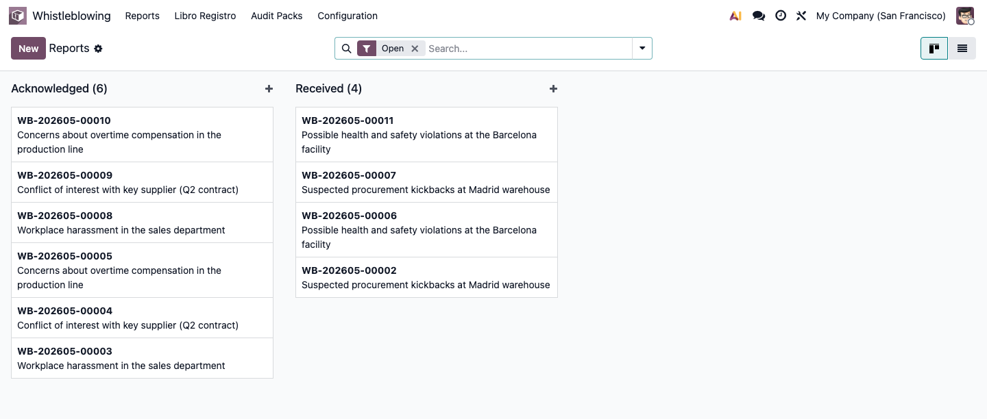 Compliance-Team verwaltet ein internes Hinweisgebersystem direkt in Odoo
