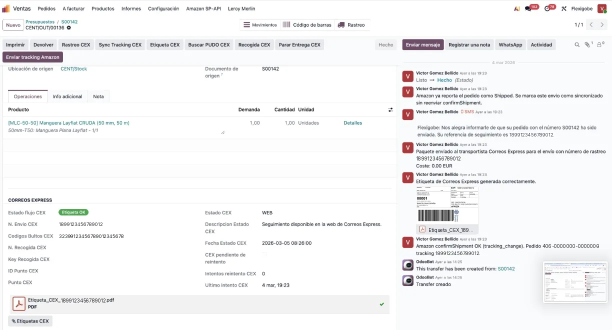 Albarán de Odoo con la etiqueta de Correos Express generada y el número de expedición escrito en el picking