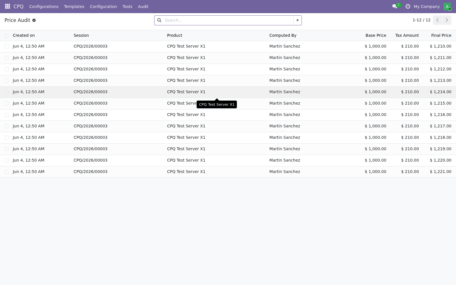 Asistente CPQ de venta guiada configurando un producto complejo dentro de Odoo 19