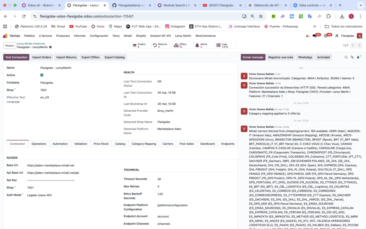 Leroy Merlin instance of the Mirakl connector in Odoo: host adeo-marketplace.mirakl.net, shop 7401, detected platform Marketplace Adeo and the chatter with 4,844 categories, 35,364 attributes and 165 carriers synced