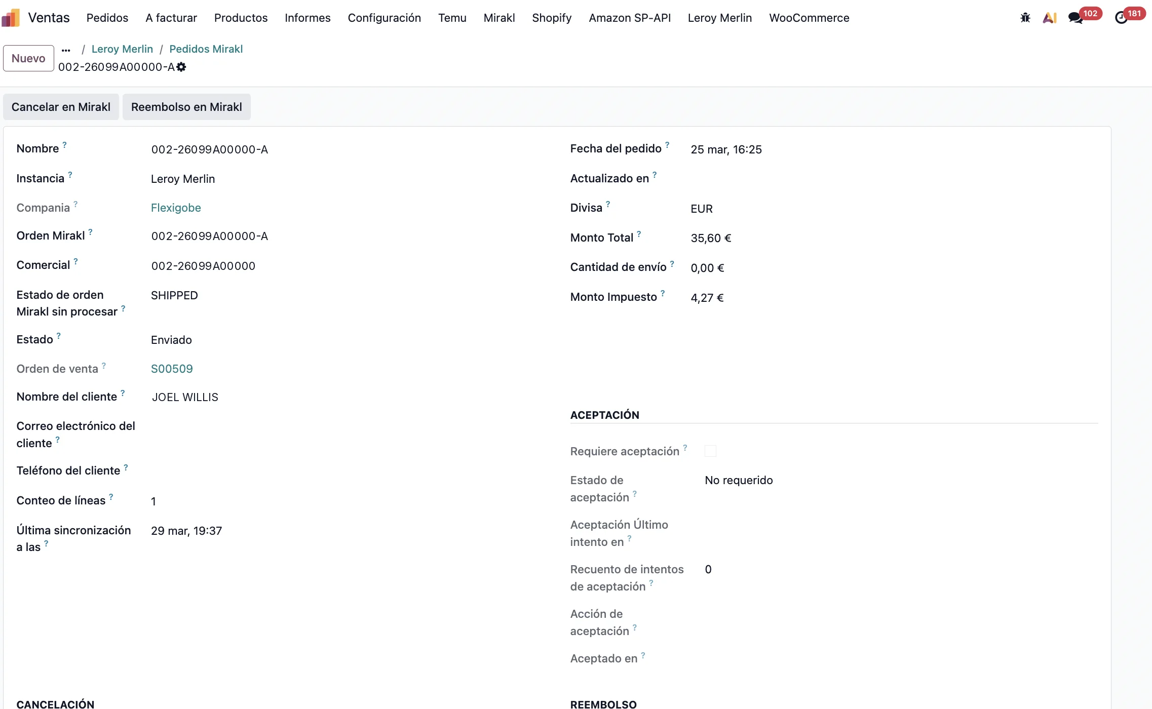 Mirakl order in Odoo: raw state SHIPPED, state Shipped, sale order S00509, 35.60 € with 4.27 € tax, and the Cancel on Mirakl and Refund on Mirakl buttons