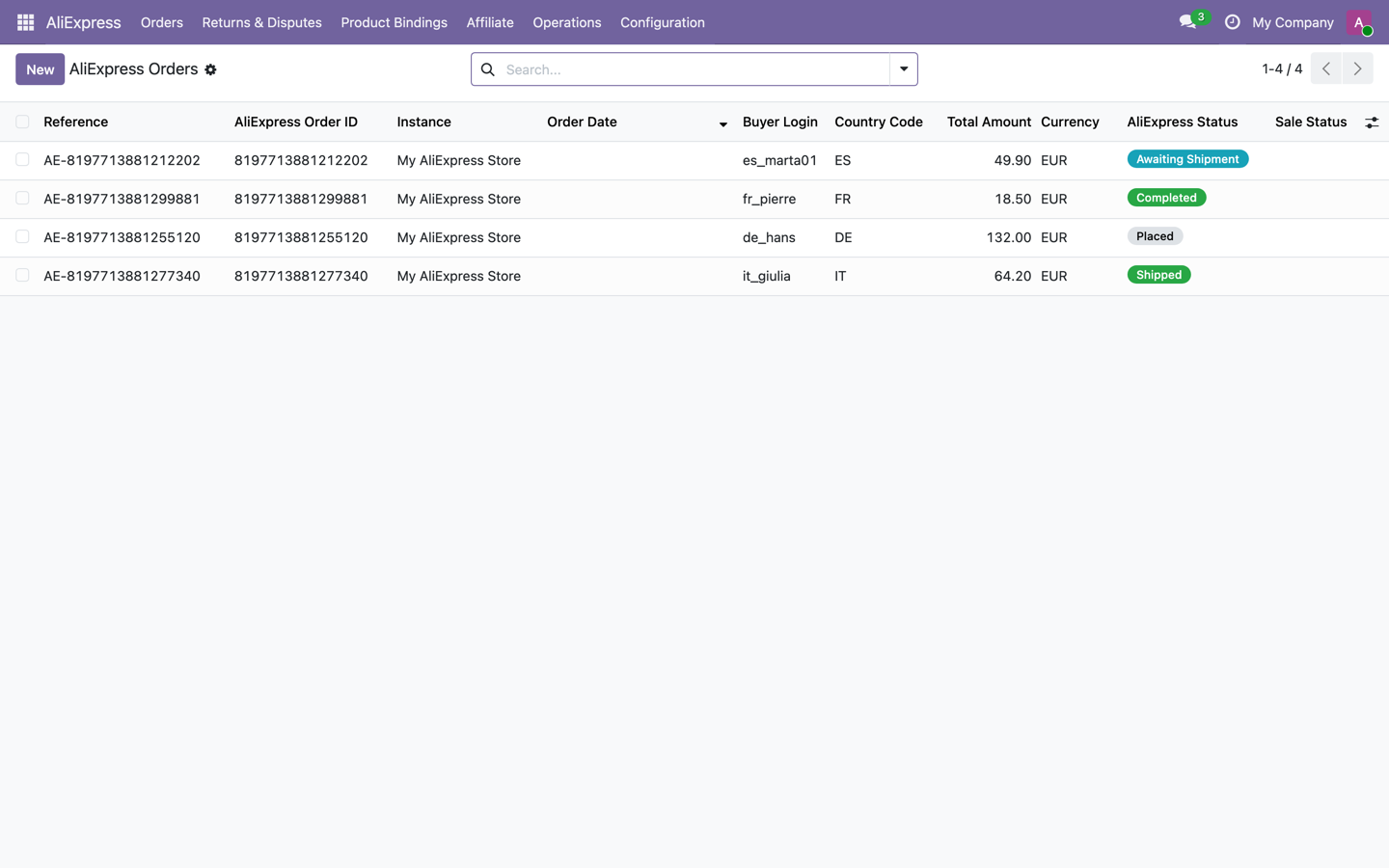 Pedidos, productos y seguimiento de AliExpress gestionados dentro de Odoo 19