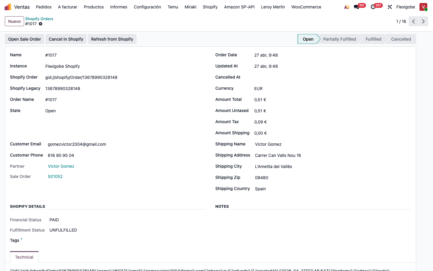 Detalle de pedido en Odoo 19