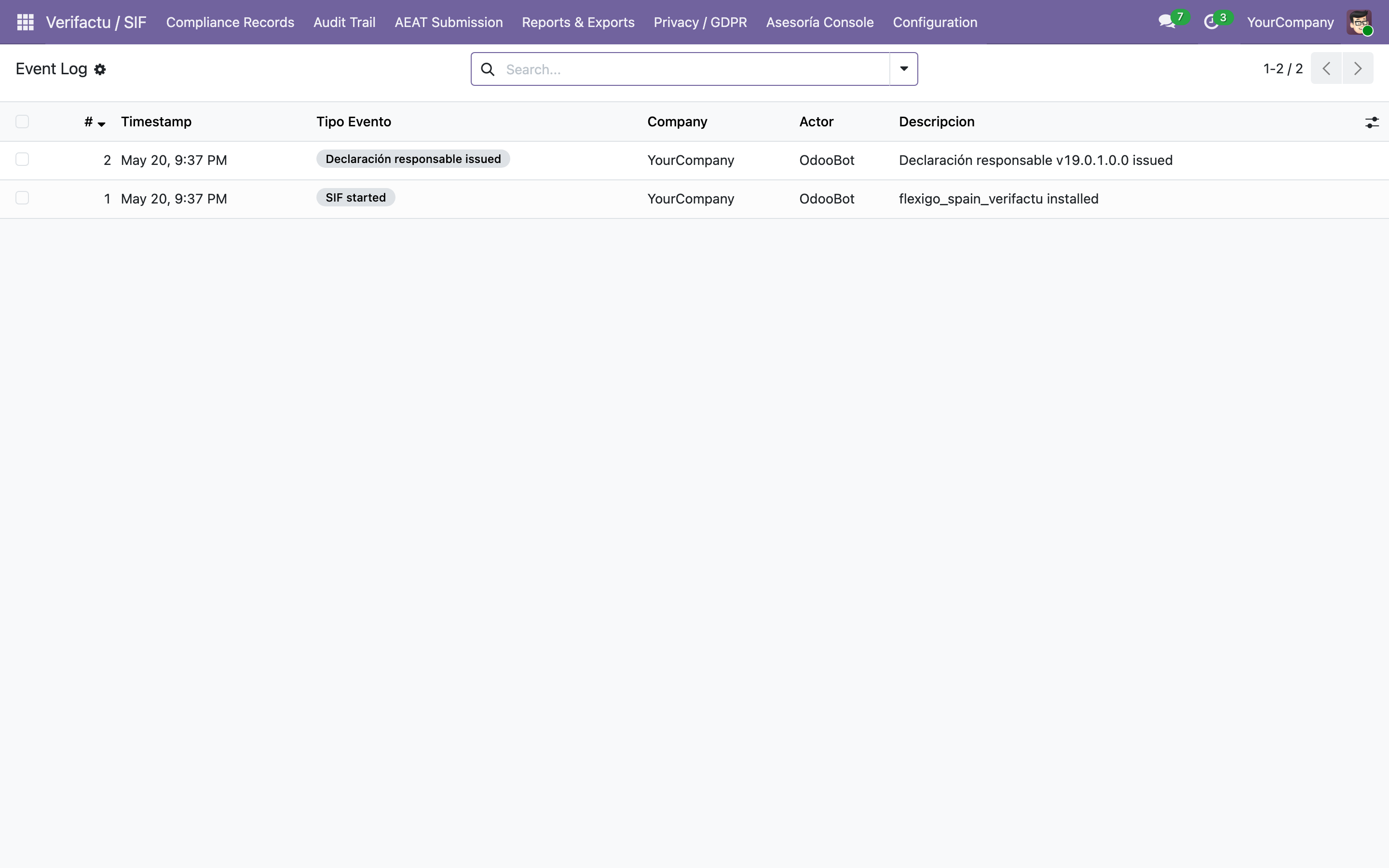 Factura con código QR y cadena de hash Verifactu generada dentro de Odoo 19