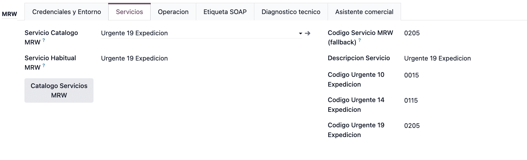 Captura real de la pantalla de configuración de un servicio en la app de Servicios de Odoo