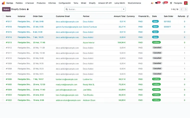 Conector Shopify Odoo: pedidos, stock, variantes y tracking