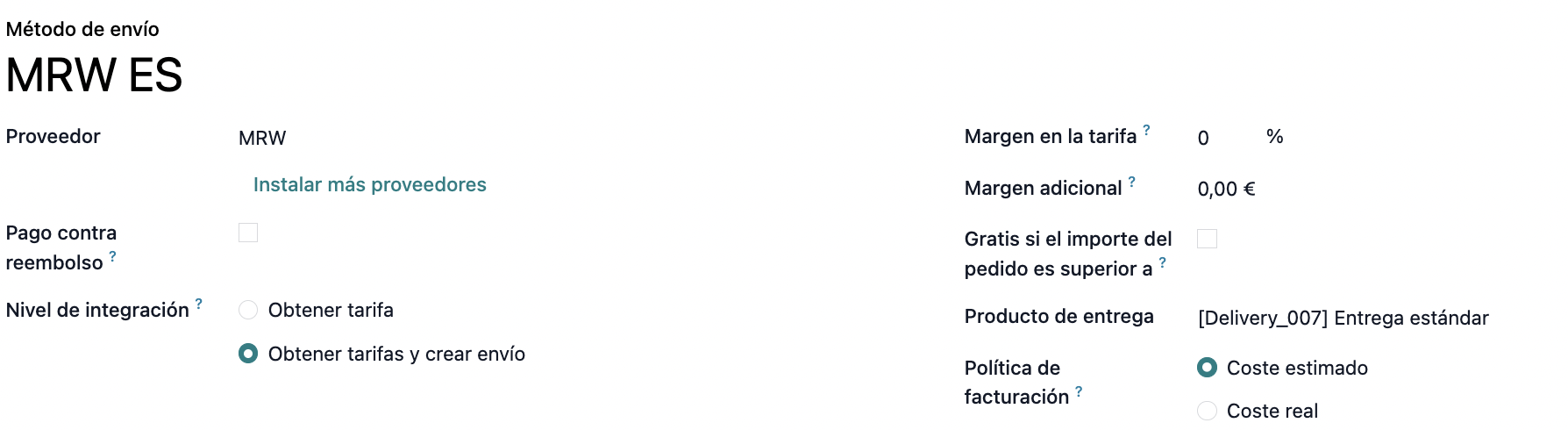 Configuración del método de envío MRW en Odoo 19