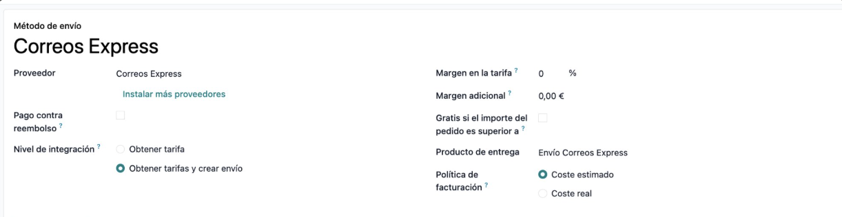 Selección de método de envío Correos Express en Odoo