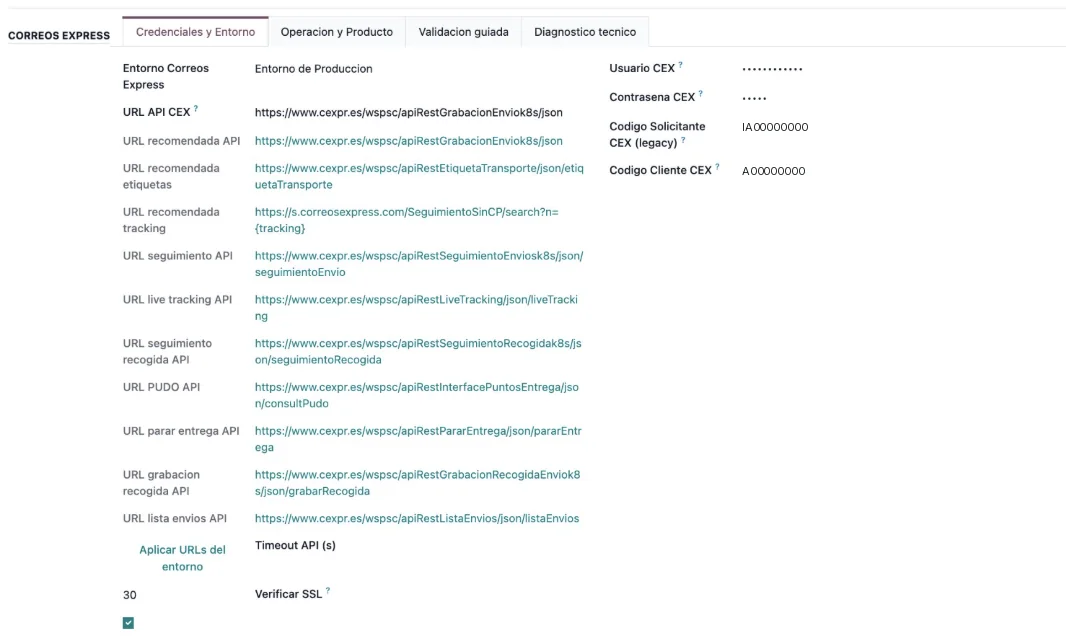 Configuración de credenciales API de Correos Express en Odoo