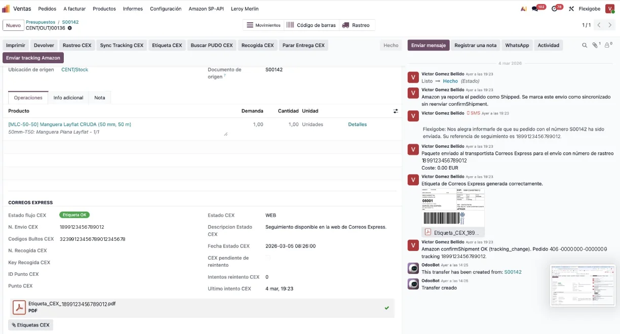Orden de entrega con acciones de Correos Express en Odoo 19