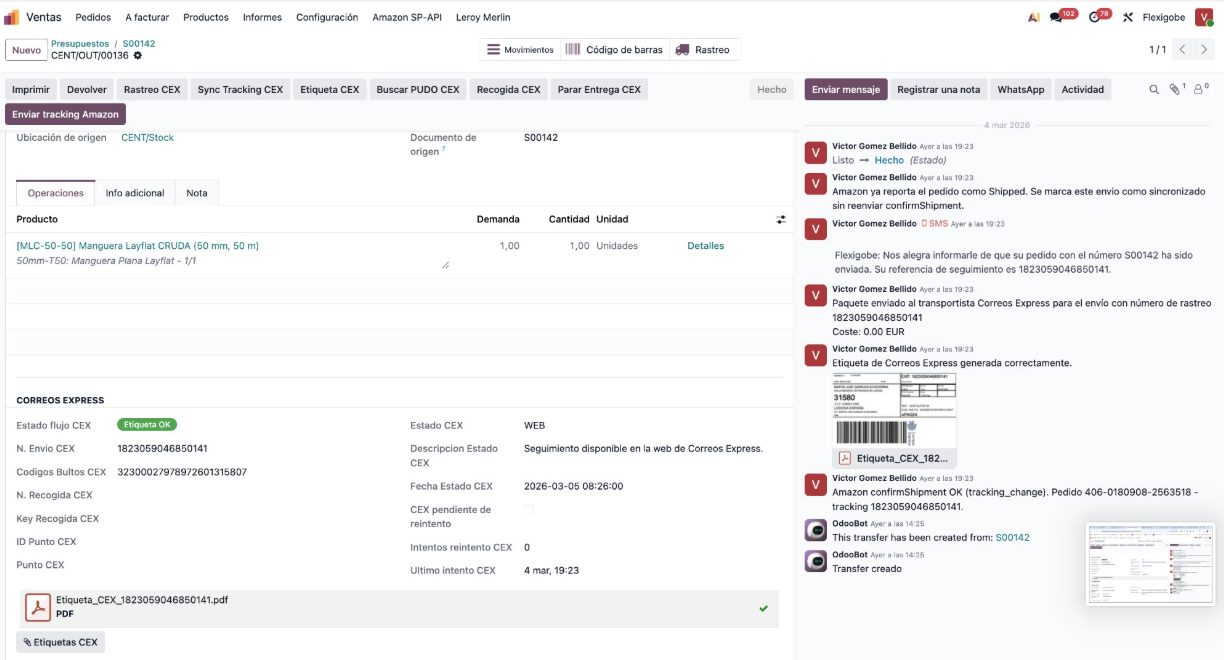 Tracking de Correos Express sincronizado en el chatter de Odoo